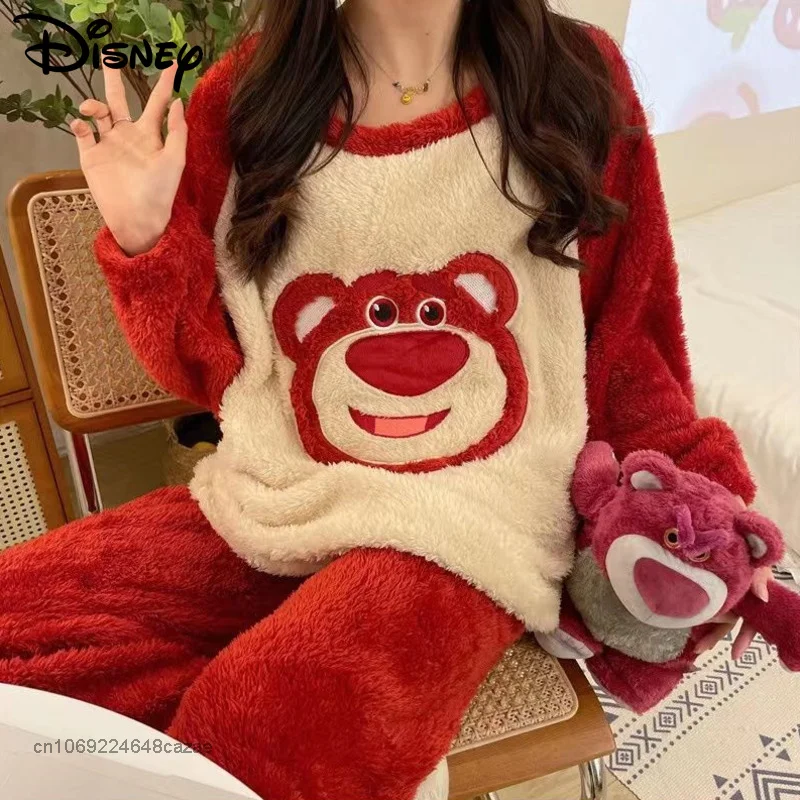 

Disney Bear Lotso Plush Pajamas 2 Piece Set Women Soft Coral Fleece Home Clothes Y2k Female Korean Top Pants Cute Sleepwear Suit
