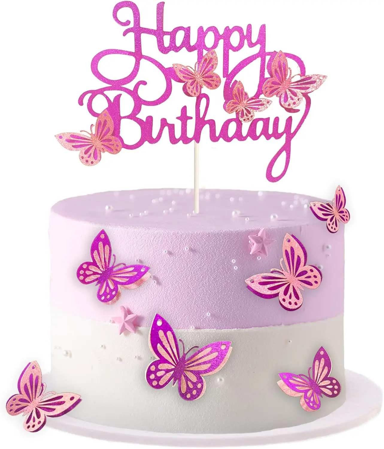 HCRXVV Lot De 21 Décoration De Gâteau Happy Birthday - Papillon Violet 3D - Pour Anniversaire De Fille - Mariage - Fête Prénatale