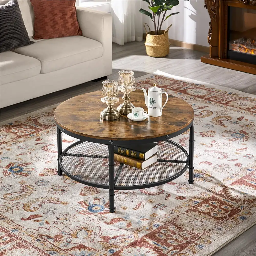 

Modern Round Metal Coffee Table with Storage Shelf, Rustic Brown