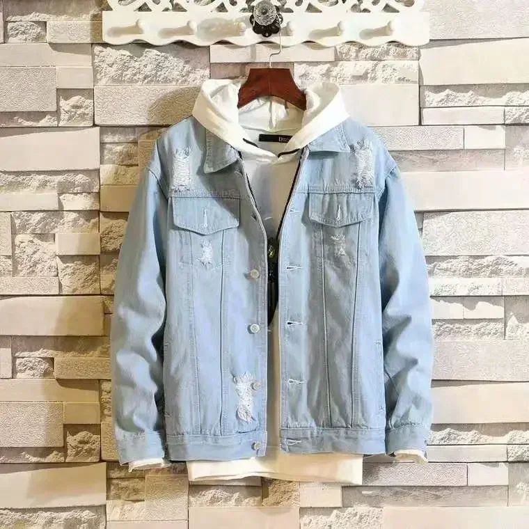 thumbnail image 1 of Chaqueta vaquera para hombre con empalme y agujero, abrigo vaquero claro roto para hombre, talla grande, alta calidad, original, bajo coste, estilo coreano Y2k, 1 of 5