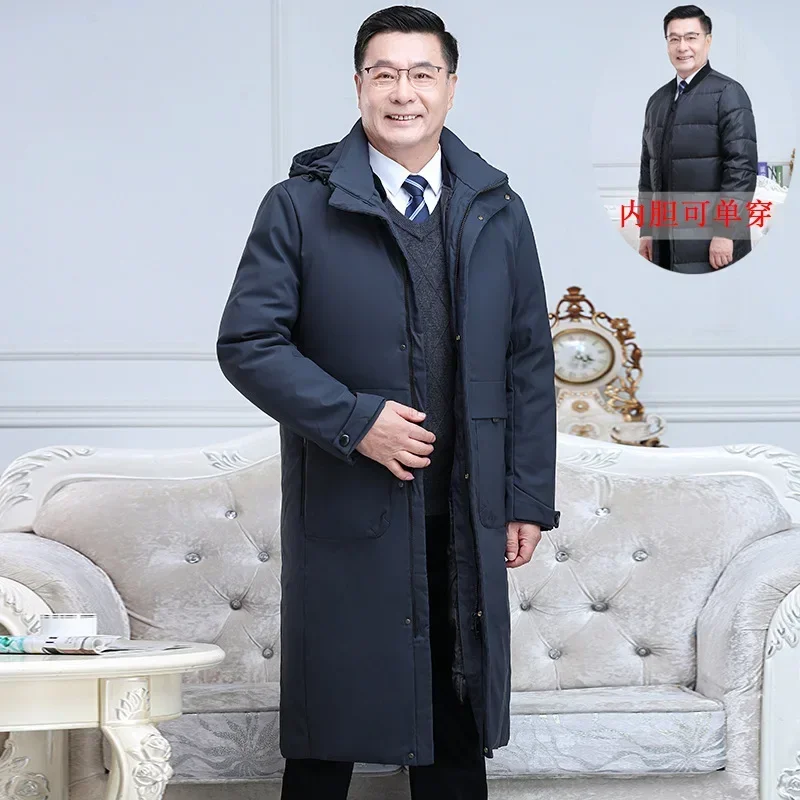 thumbnail image 1 of Chaqueta de plumón de pato engrosada, diseño largo, forro interior desmontable, abrigo cálido de invierno con capucha de piel para hombres de mediana edad y mayores, 1 of 5