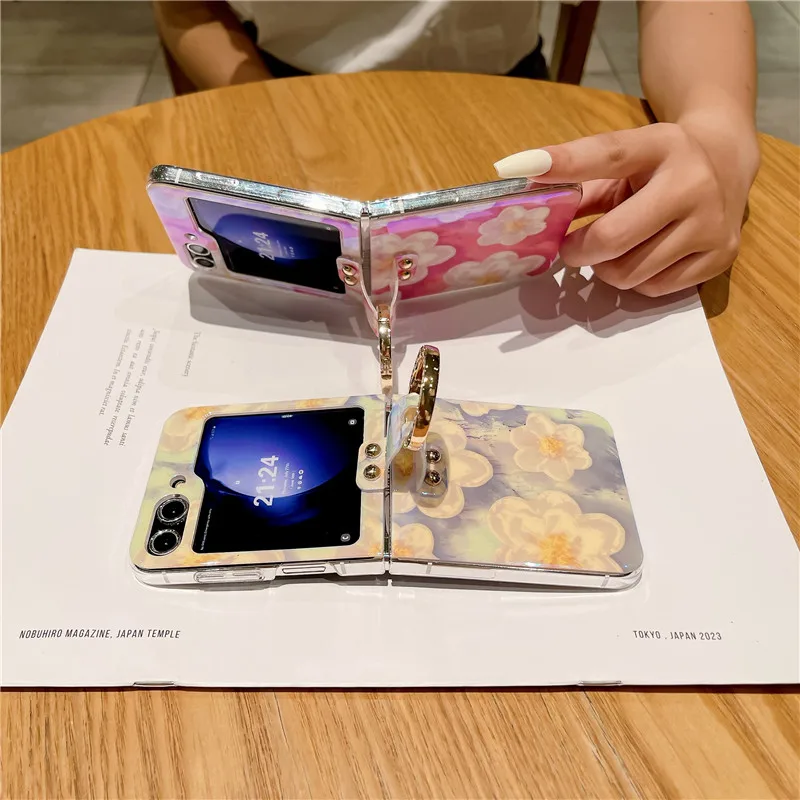 Ring Blu-ray Flower Phone Case For Samsung Galaxy Z Flip 5 4 3 5G PC Protective Flip5 Flip4 Flip3 Cover