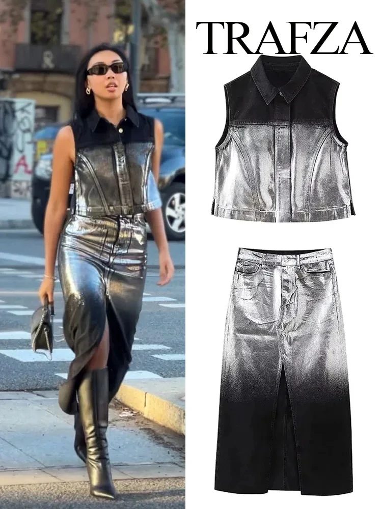 

TRAFZA 2024 Spring Women's Fashion Shiny Trend Denim Sleeveless Button Vest + High Waist Zipper Women's Slit Slim Skirt 2-piece
