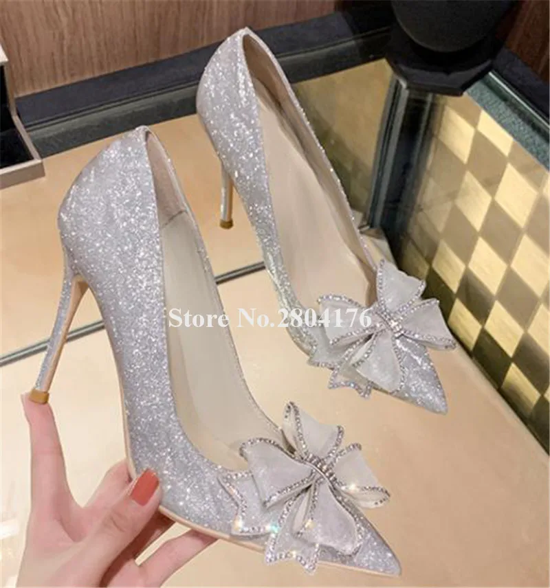 

Glitters Bowties Pumps Bling Bling Pointed Toe Shining Butterfly Knots Stiletto Heel Pumps Silver Pink Black Wedding High Heels