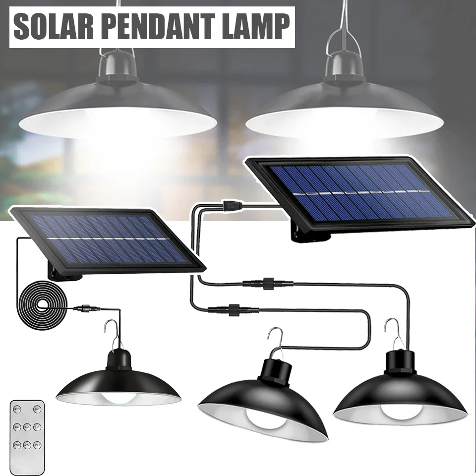 

Double Head Solar Pendant Light Remote Outdoor Lamp Waterproof Power Garden Chandelier Indoor Garden Yard Shed Barn LED