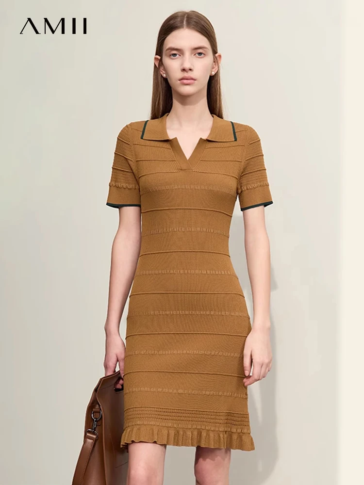 

Amii Minimalism Dress For Women 2024 Summer New Slim Fit Lapel V-neck Flounced Edge Elegant Retro Knit Dresses Female 12442085