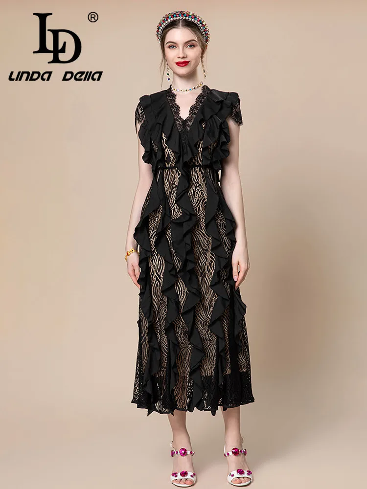 

LD LINDA DELLA Summer New Style Italian Luxury Dress Women's Black V-Neck Splice Embossed hollow Striped Draped Dress