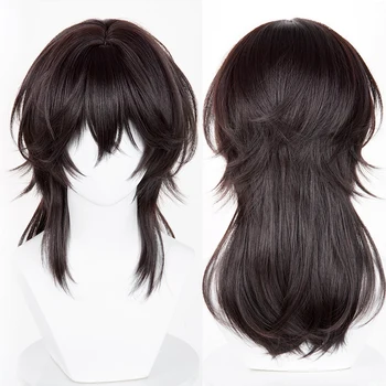 Synthetic Long Dark Brown Mullet Head Straight Wig with Bangs for Anime Cosplay & Game Characte Party Realistic Fake Hair 1