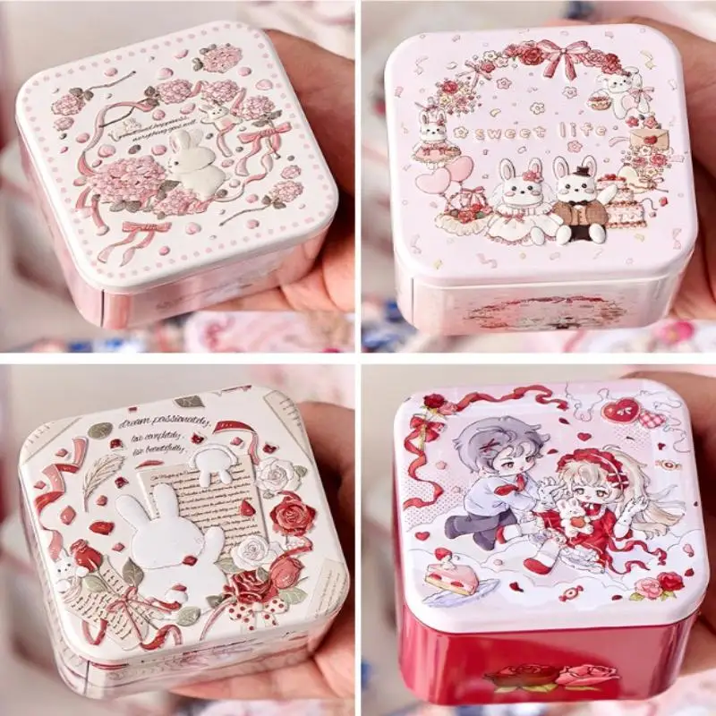 1pc Square Rabbit Pattern Relief Tin Box Tinplate Storage Jar Candy Biscuit Tea Container Reusable Sealed Home Kitchen Gift Box