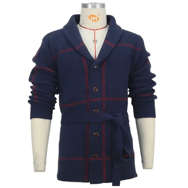 Men's Sweater Coat Vintage Line Jacquard Thickened Mid-length Cardigan with Belt Long-sleeved Sweater Coat
