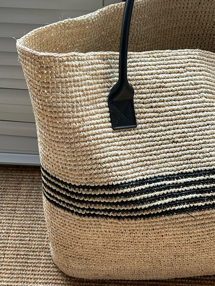 Stripes Lafite Straw Weave Tote Bags For Women Luxury Designer Handbags And Purses New Casual Letter Large Capacity Shoulder