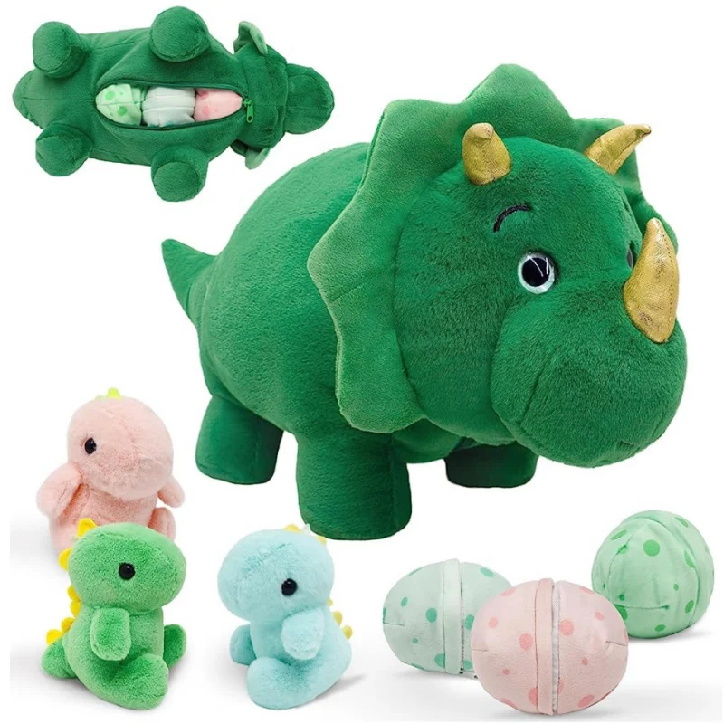 Triceratops Dinosaur Stuffed Animals With 3pcs Small Dinosaur Toys For Chiristmas Plush Toys with Zippered Pocket in Stomach plush toys