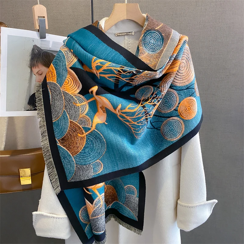 

2023 Luxury Brand Blue Scarf Cashmere Abstract Elk Thick Warm Scarves Winter Female Bufanda Design Pashmina Shawls and Wraps