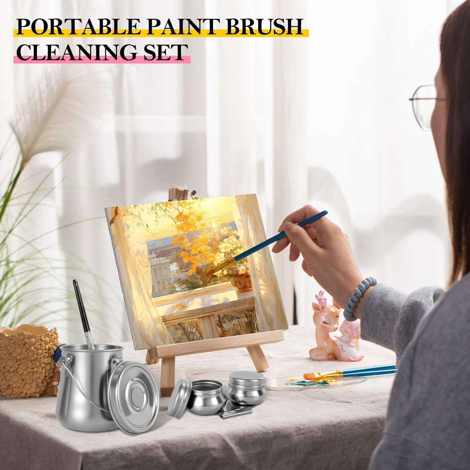 Oil Painting Brush Washer Stainless Steel Paint Brush Washing Bucket with Double Dipper Palette Cup and Filter for Student Artis