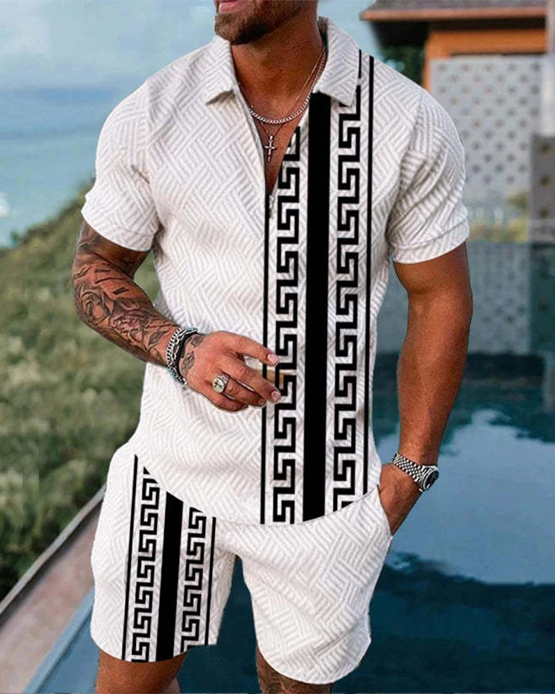 Summer Simple Retro Style Men's Zipper Collar Tracksuit Fashion Casual T-Shirt Shorts Two Piece Set Man Clothing Sweatsuit Set 6