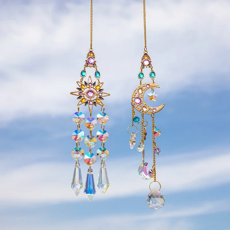 Sun catcher Suncatcher Crystal Pendant Window Prisms Rainbow Vintage Wind Chimes Sun Moon Hanging Light Catcher Home Garden Craft Decoration