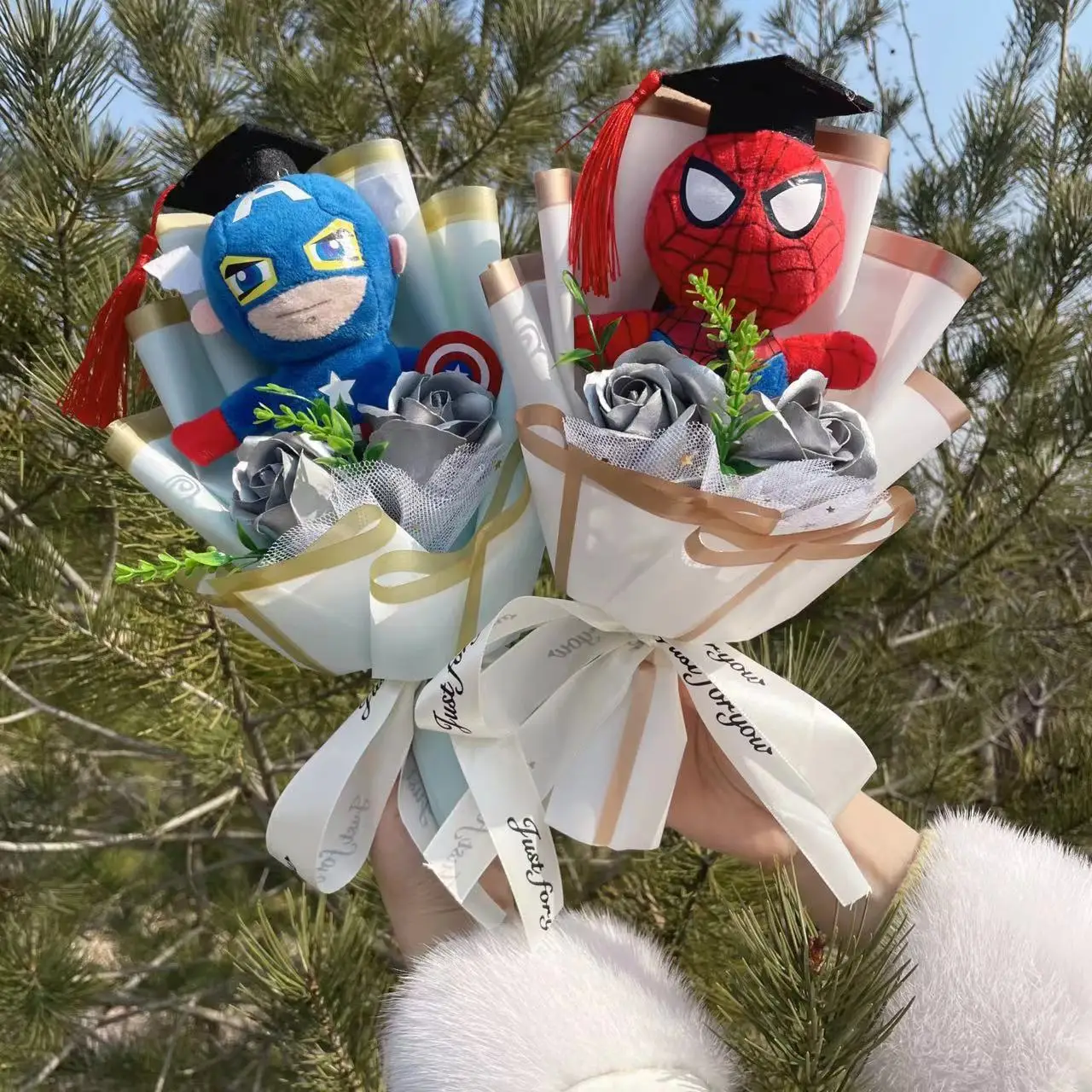 Super Hero Spider-Man Hulk Superman Captain America Plush Dolls Handmade bouquets for Boys Graduation Christmas Birthday Gifts 5