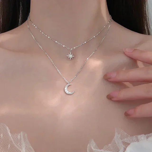 Collier Double couche étoile lune pour femmes, couleur argent, breloque délicate en Zircon, chaîne ras du cou en acier inoxydable, bijoux, nouvelle mode