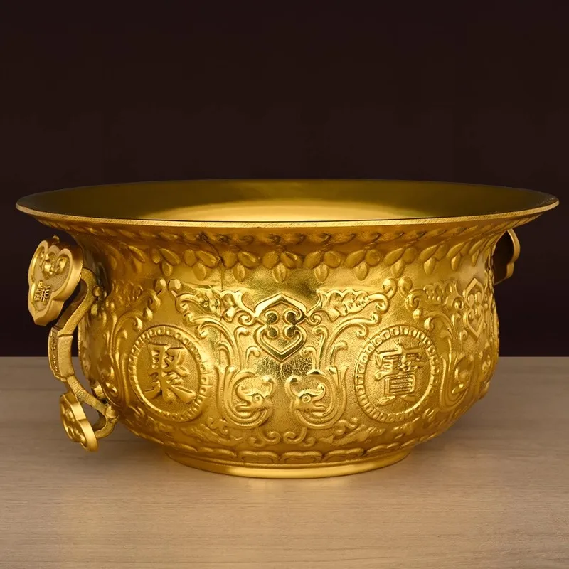 Phoenix Design Brass Treasure Bowl, Money Bank Coin Box for Wealth Luck, Ruyi Ears Feng Shui Home Office Decor, Abundance Gift