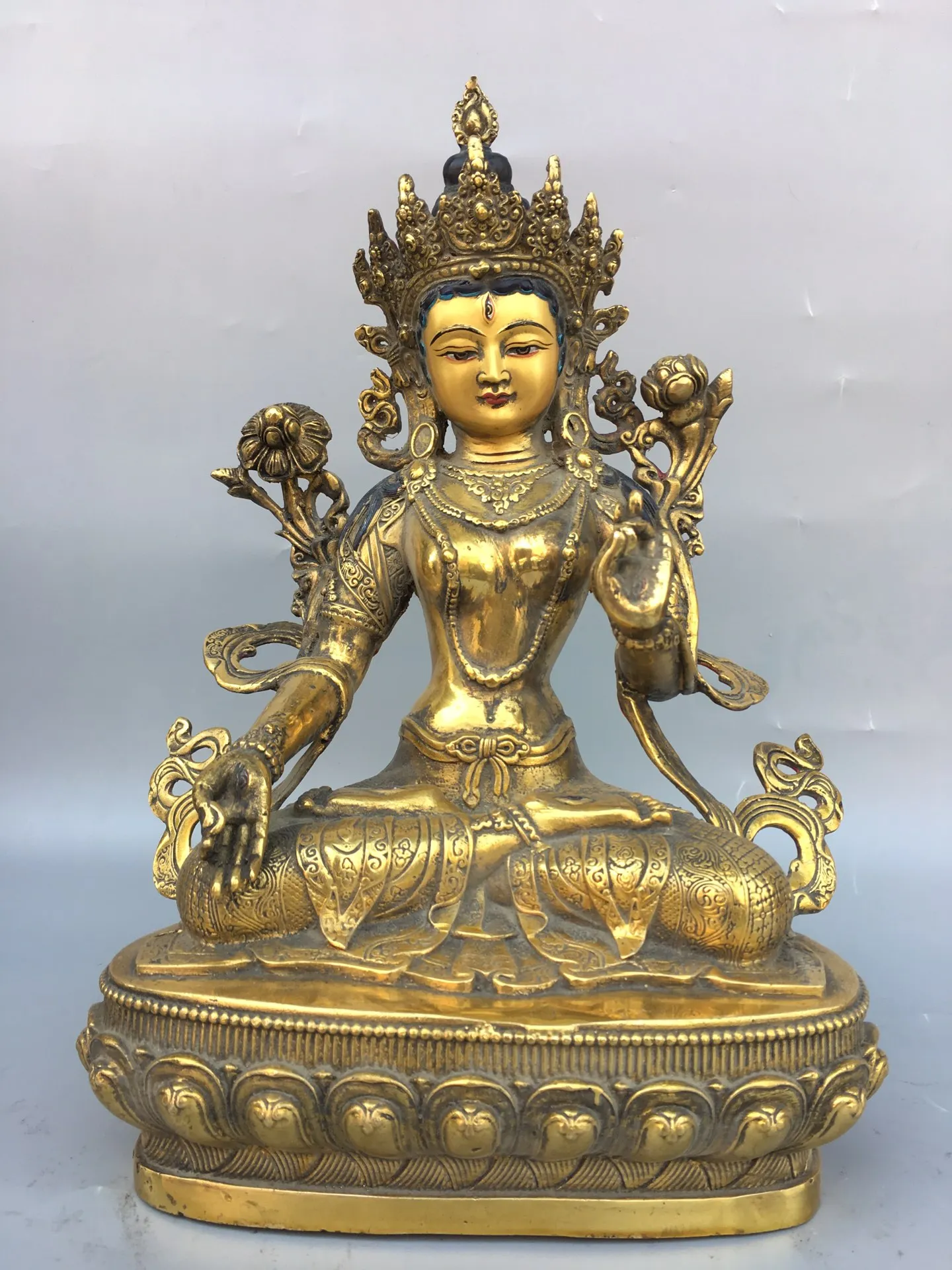 

12"Tibet Temple Collection Old Bronze Painted Face Cinnabar Three eyes Green Tara Buddha Lotus stage Worship Hall Town house