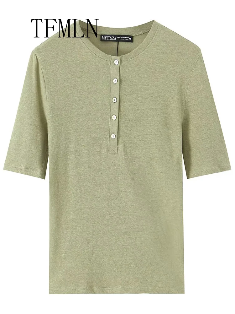 TFMLN 2025 Summer Women Solid Causal T-Shirt Fashion O-neck Short Sleeve Translucence Chic Tops High Street Girls Button Shirts