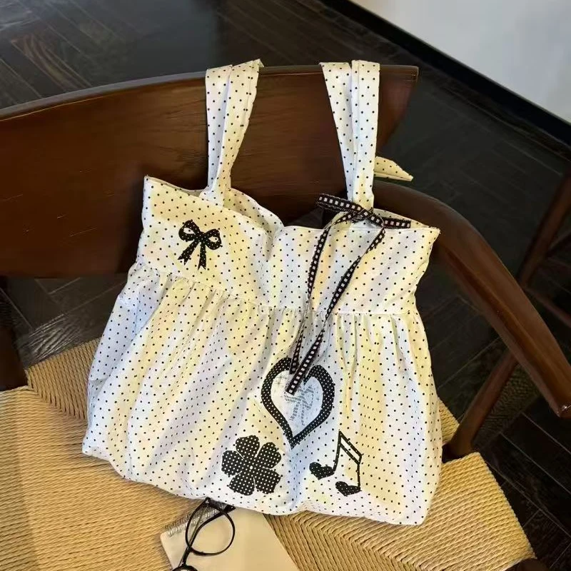 Borsa a Tracolla Coreana a Pois con Design a Fiocco e Cuore, Borsa da Donna alla Moda per il Lavoro, Borsa a Mano Retrò con Chiusura Magnetica a Contrasto - immagine 3