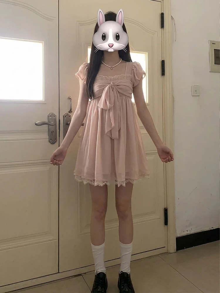Elegante Mini Abito Lolita Dolce in Chiffon Rosa con Pizzo e Fiocco Frontale, Maniche a Sbuffo, Vestibilità Slim, Vita Alta, per Uso Quotidiano e Feste - Image 6