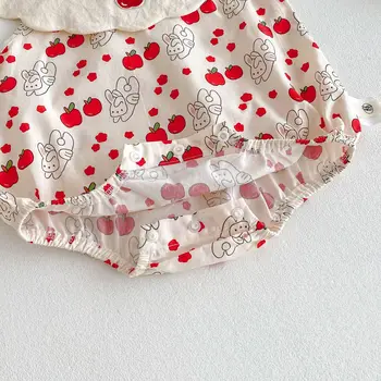 2025 Summer New Baby Girl Strawberry Print Dress & Romper - 98% Cotton Cute Bunny Design Infant Toddler Clothing 5