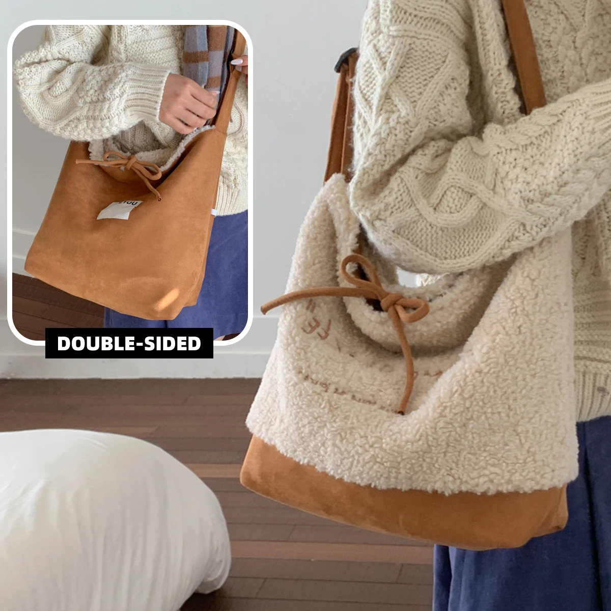 Autumn and Winter New Lamb Wool Tote Bag, Relaxed Plush Shoulder Bag, Large Capacity Furry Crossbody Bag for College Students and High School Students