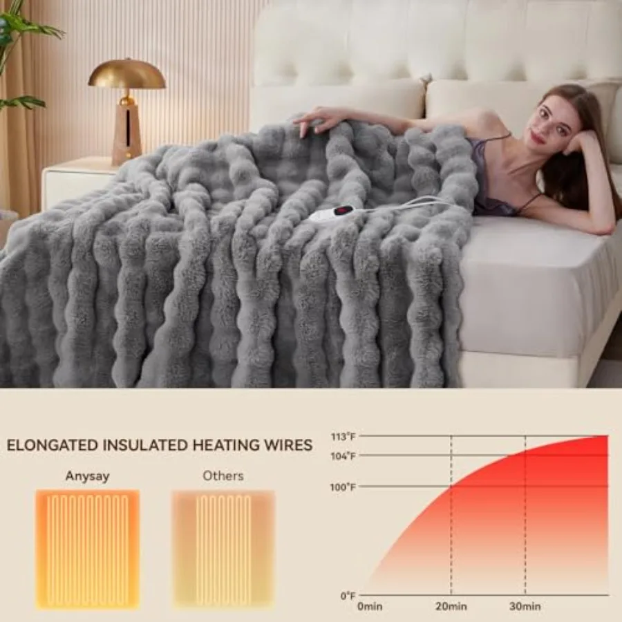 Cozy Faux Rabbit Fur Heated Blanket Throw 50'' x 60'' with 1 2 4 6 8 Hours AutoOff Feature 10 Adjustable Heat Levels Builtin Ov