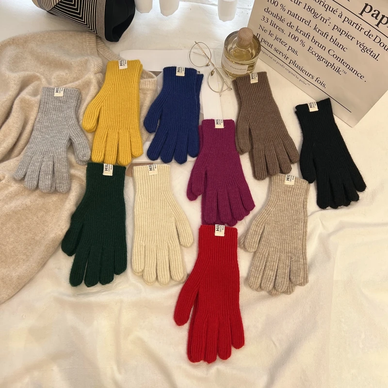 

Solid Color Ins Knitted Knitting Wool Gloves Simple Autumn Winter Korean Style Finger Touch Screen Warm Finger Containing Wool