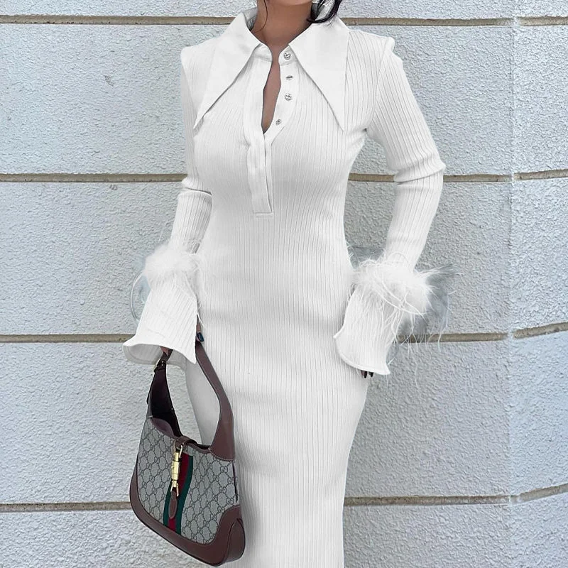 Autumn & Winter New Women's Fashion Polo Neck Feather Long Pit Stripe Dress Elegant & Beautiful Party Evening Dress