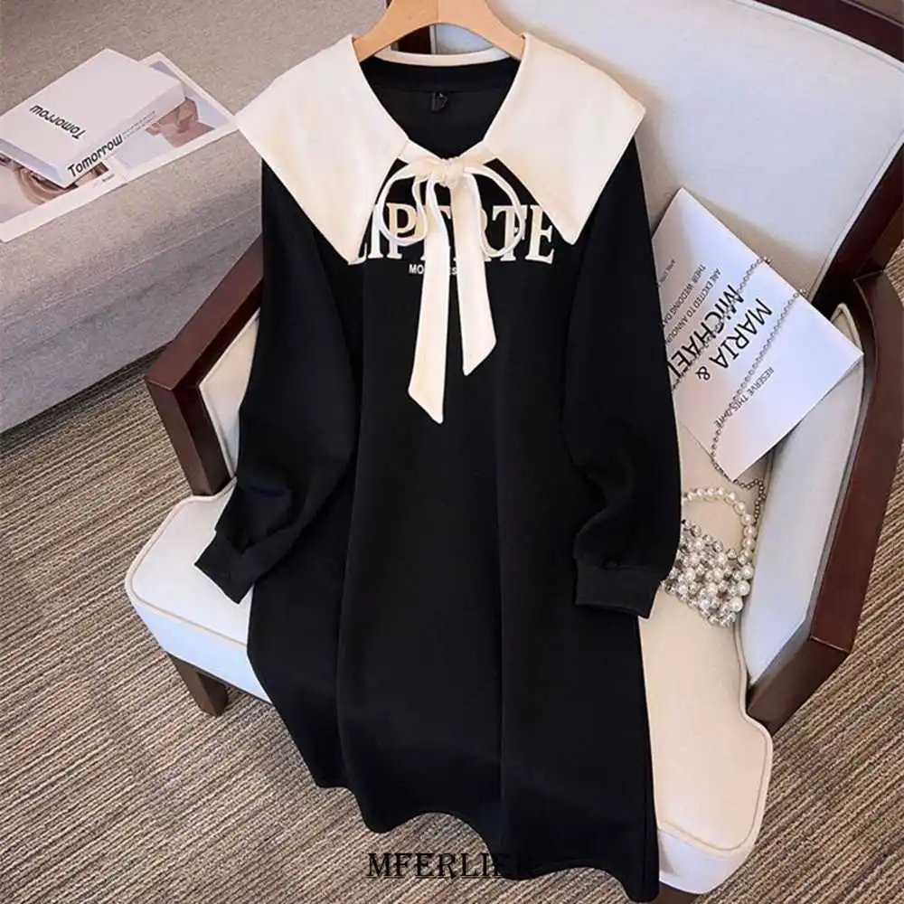 

Plus Size 6XL 150kg Preppy Long Sleeve Spring Dresses for Women Letter Korean Fashion Style Collar Loose Dresses su