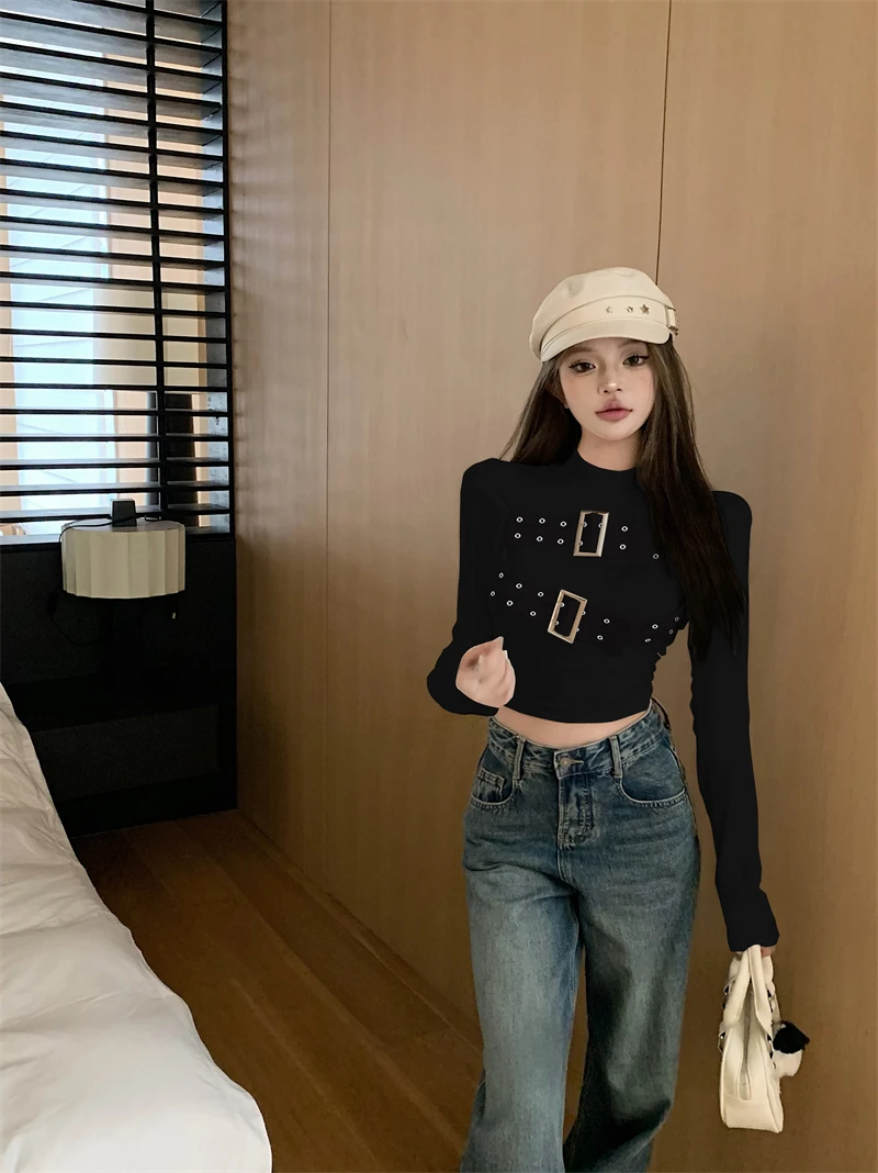 Chic Buckle Long Sleeve T-Shirts Women Fashion Solid Simple