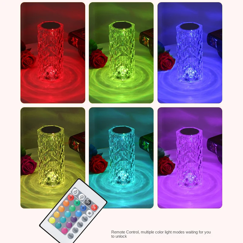 LED Crystal Table Lamp Rose Light Projector RGB Colors Touch Adjustable Romantic Diamond Atmosphere Light USB Touch Night Light