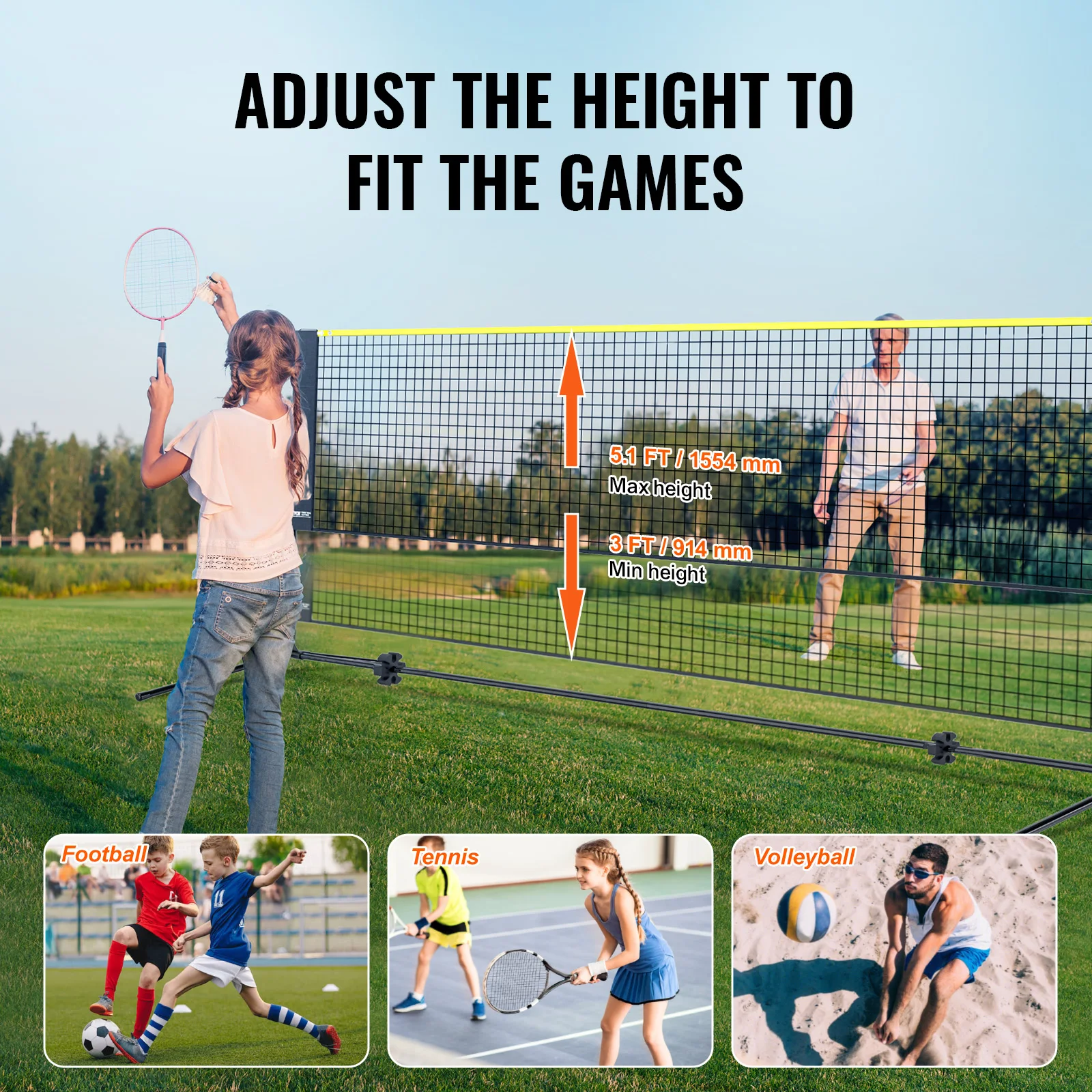SucceBuy 20FT Badminton Net Height Adjustable Volleyball Net Wide Foldable Pickleball Net Portable Tennis Net Set w/Poles Stand