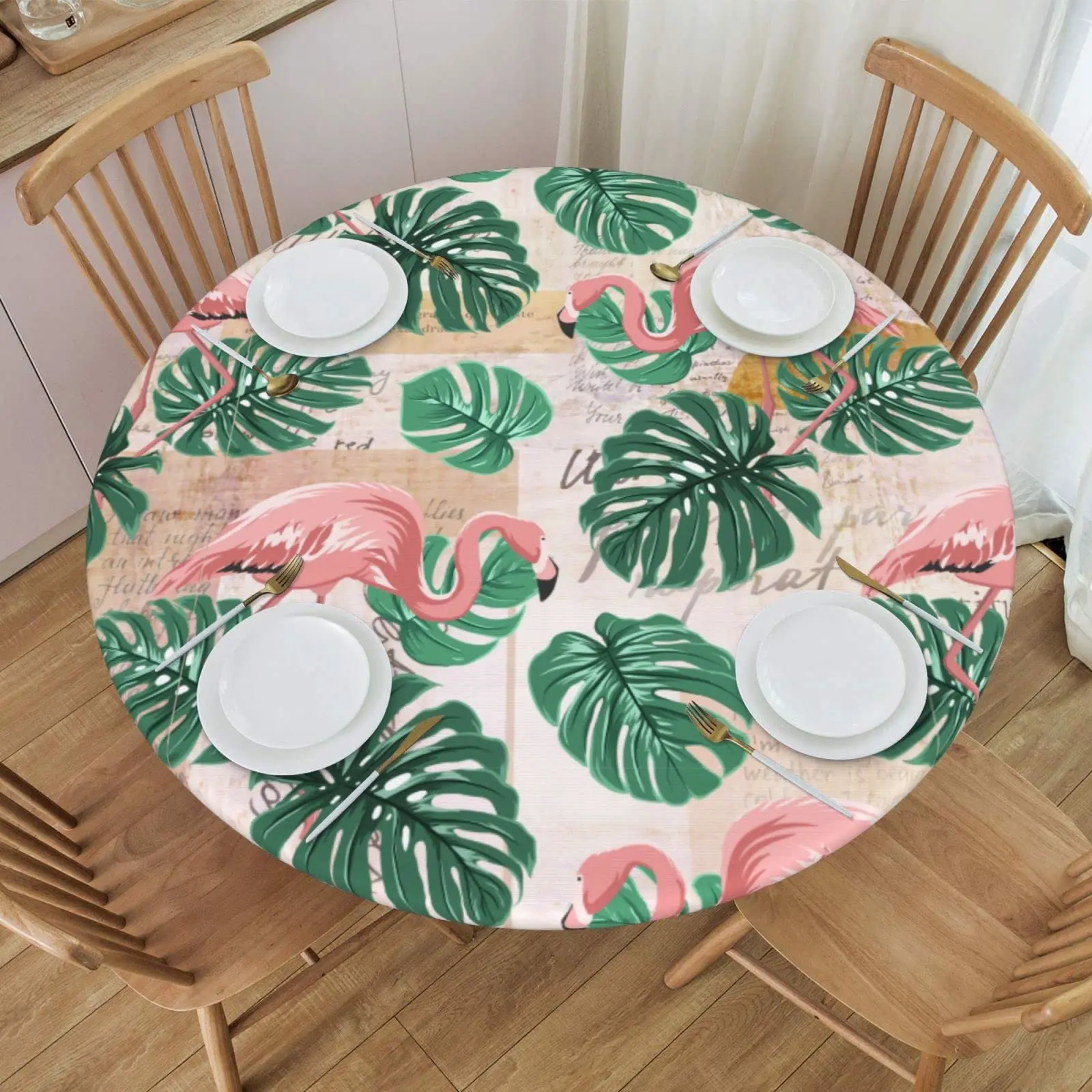 

Vintage Flamingo Round Table Cloth Tropical Leaves Tablecloth Elastic Edge Fitted Waterproof Table Cover Indoor Outdoor Decor