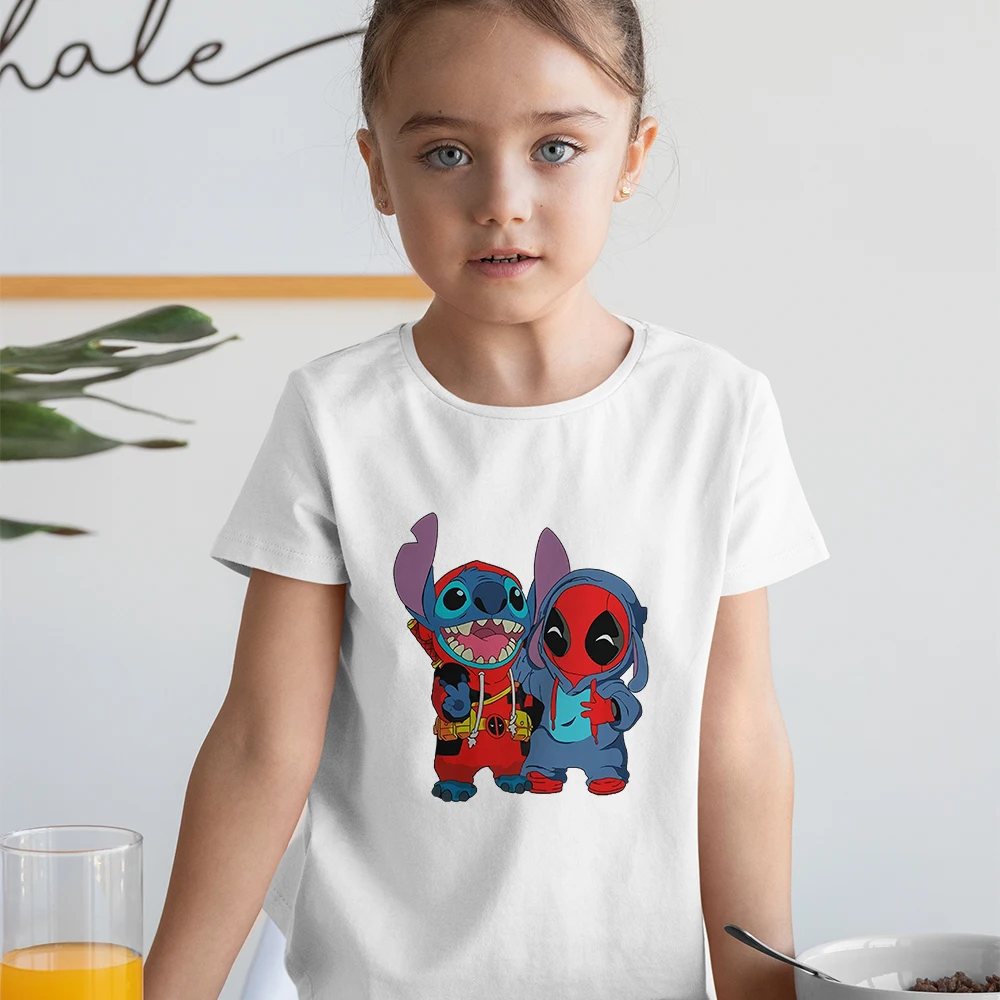 

Детские футболки с рисунком Disney, изысканная Детская футболка с рисунком дедпула и ститча, модная одежда для девочек, Y2K