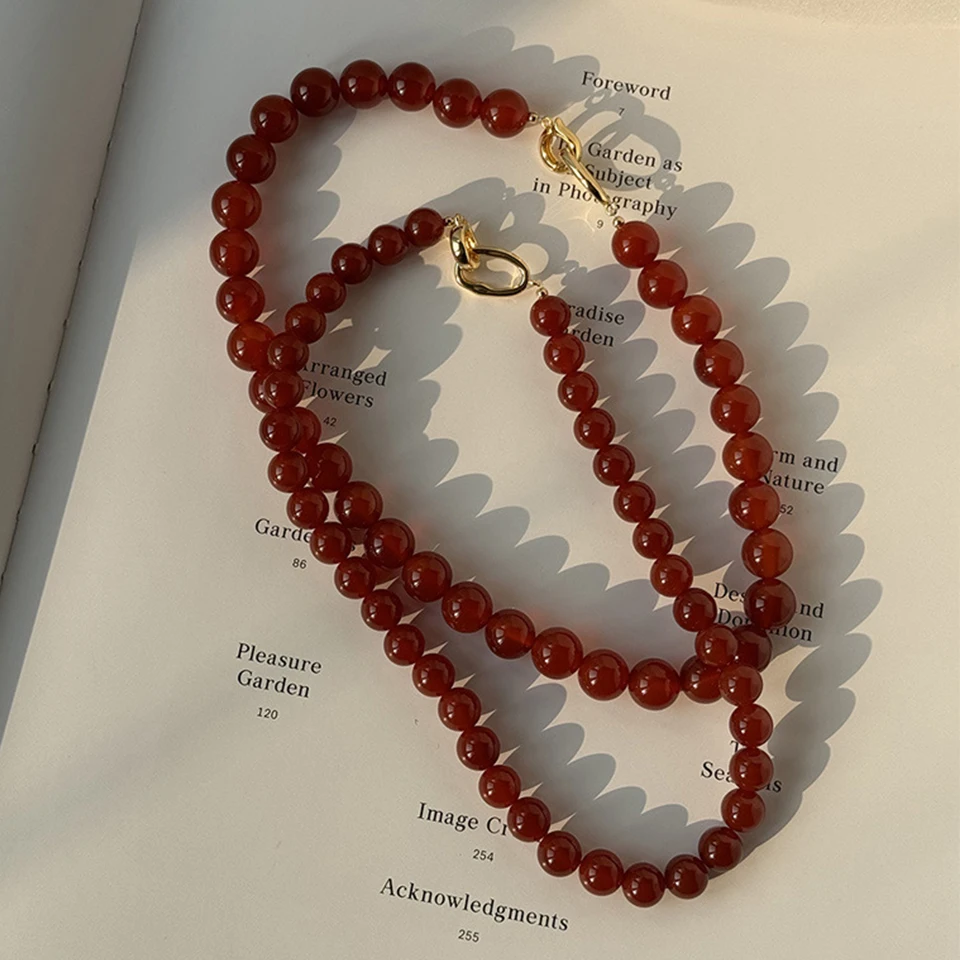 ZAKOL 8mm/10mm Koreanische Mode Dunkelrote Achat Naturstein Perlenkette Pulloverkette Choker für Damen