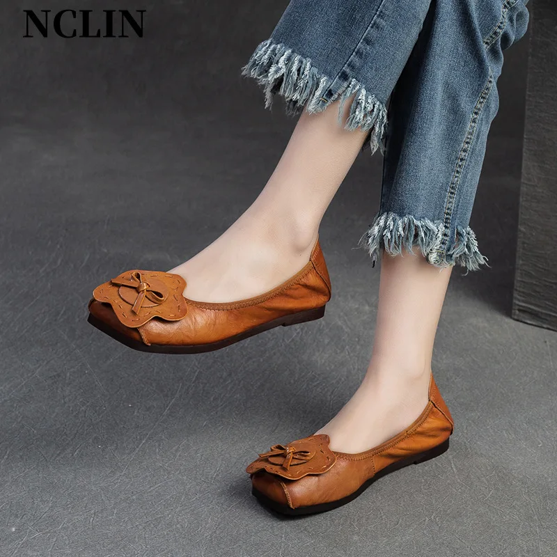 

2024 Spring New Genuine Leather Women's Shoes Low Heel Square Toe Shallow Single Shoes Women Loafers Zapatos Mujer Handmade