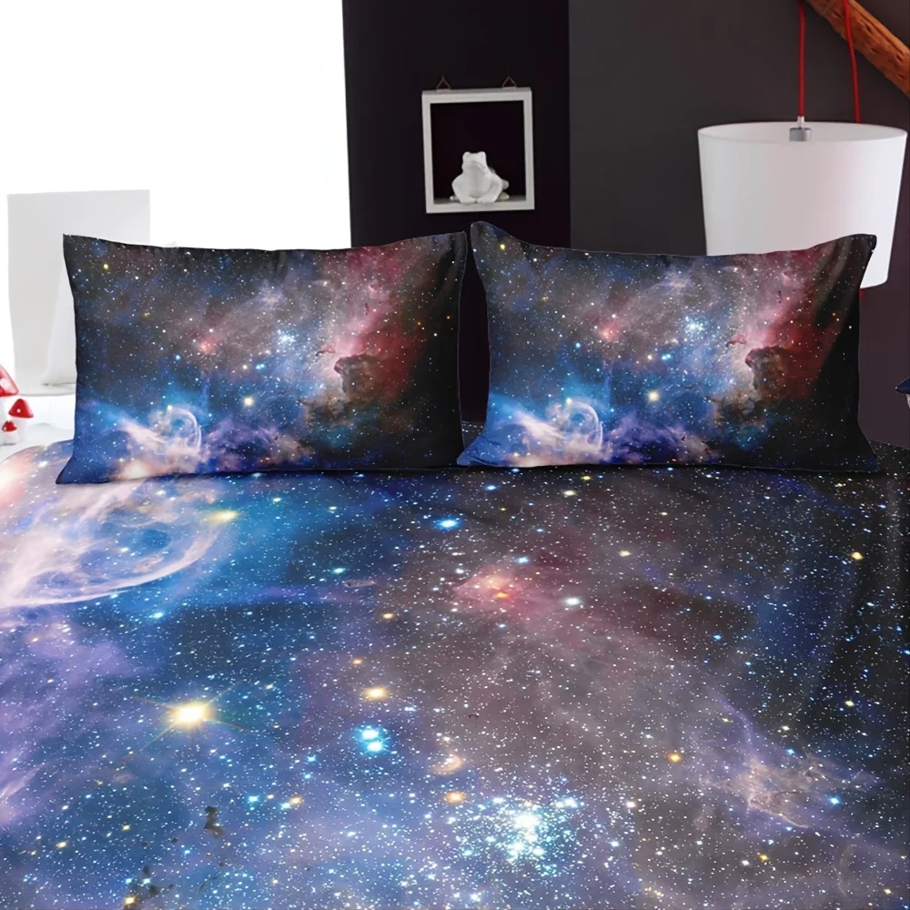 3-Piece Galaxy Bedding Set Soft Comfortable Red Starry Sky Duvet Cover & Pillowcase No Pillow Core Included