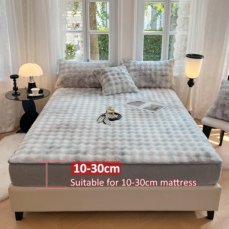 Description Picture 2 of itemThicken Velvet Bed Sheet Winter Warm Solid Color Elastic Mattress Covers Super Soft Queen King Bedspread 150/160/180x200cm Decor