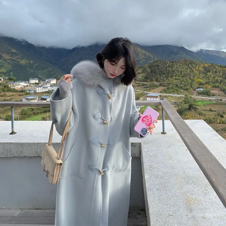 

Женское зимнее пальто с воротником из натурального Лисьего меха, пальто на пуговицах из рога, 2022 высококачественное двухстороннее кашемировое шерстяное пальто с капюшоном, теплое Женское пальто