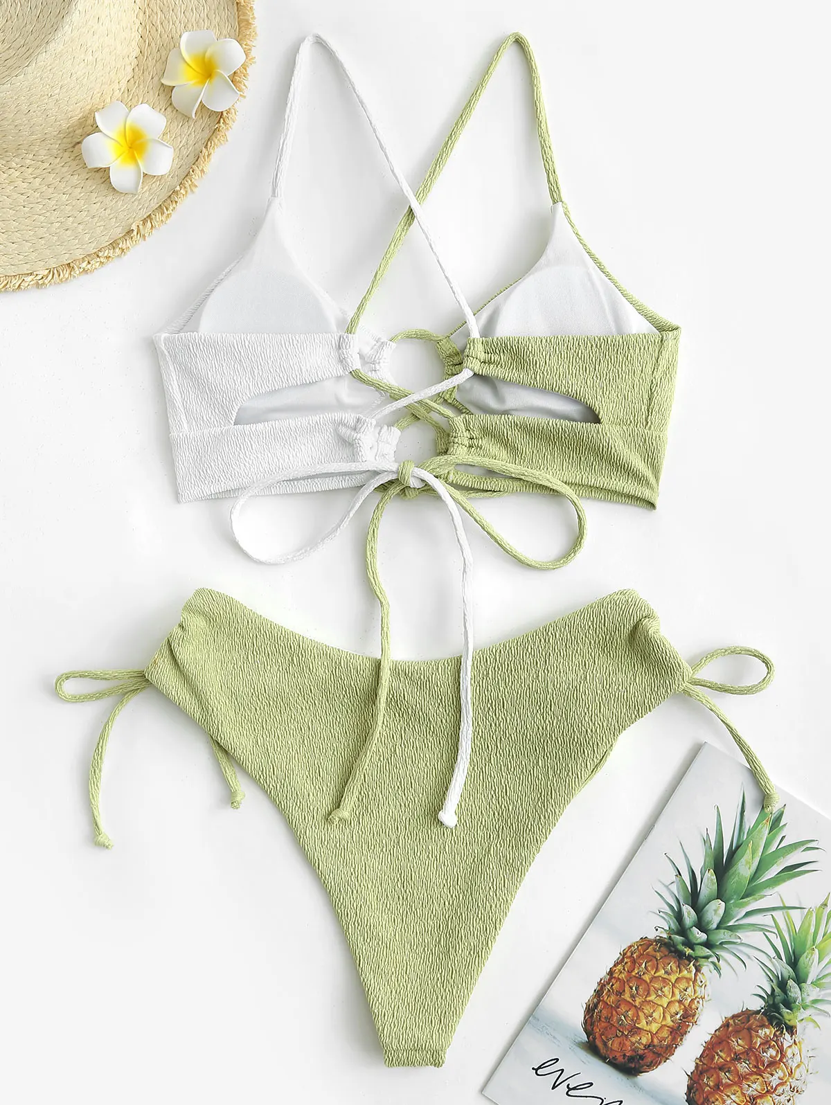 ZAFUL Bikini Set Lace Up Textured High Waisted Cinched Tankini Swimwear Bathingsuit Removable Pads Beach Bather for 