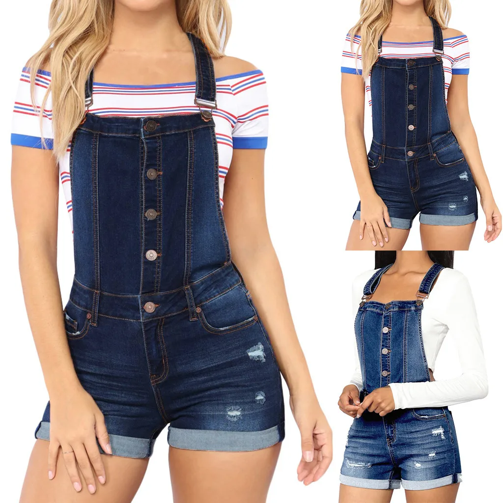 

VOLALO Women Fashion Casual Button Camisole Solid High Waist Summer Short Jumpsuit Denim Overalls Office Ladies Combinaison#30