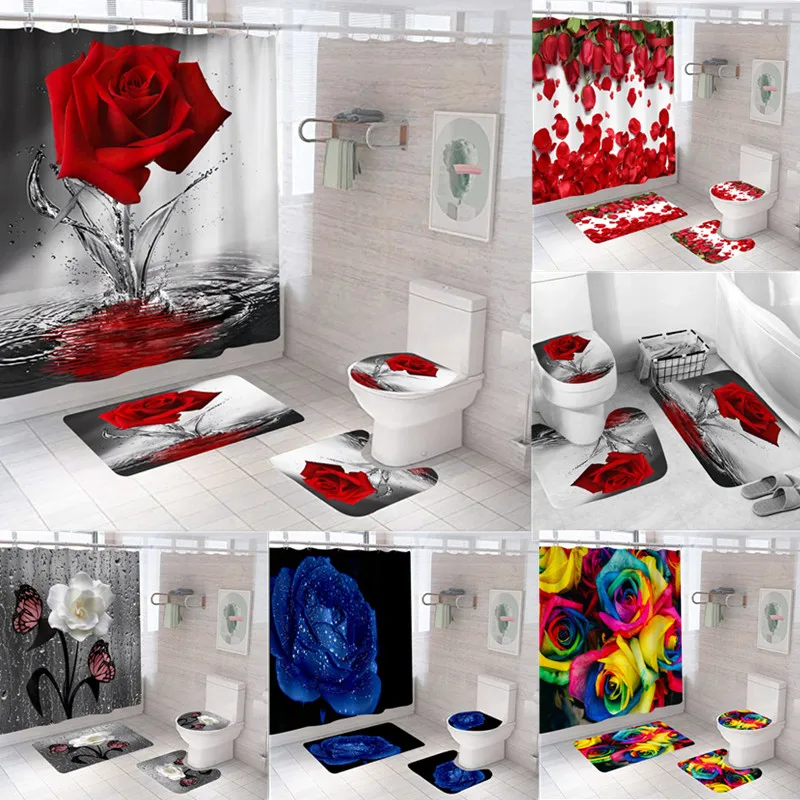 

Flower Series Digital Printing Home Decor Bathroom Toilet Cover Sets Waterproof Shower Curtain Mats Carpet Rugs Suits