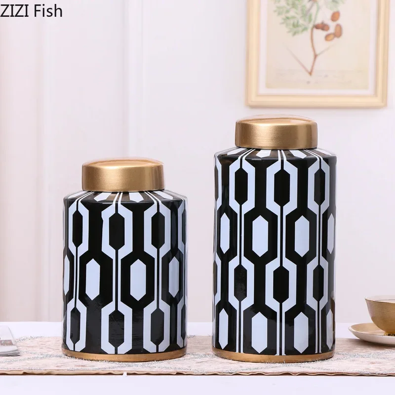 Geometric Pattern Ceramic Vase Creative Black and White Stripes Decoration Crafts Storage Tank Living Room Table Home Decoration