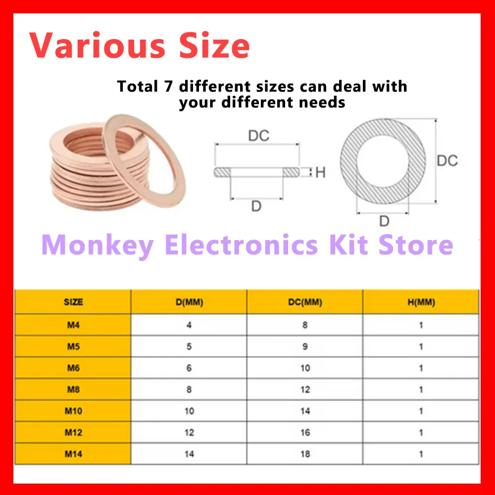 Copper Washer Set 50/100/120/200 Pcs Copper Washer Sealing Gasket Flat Ring Seal Assortment Kit M4 M5 M6 M8 M10 M12 M14 For Sump Plugs