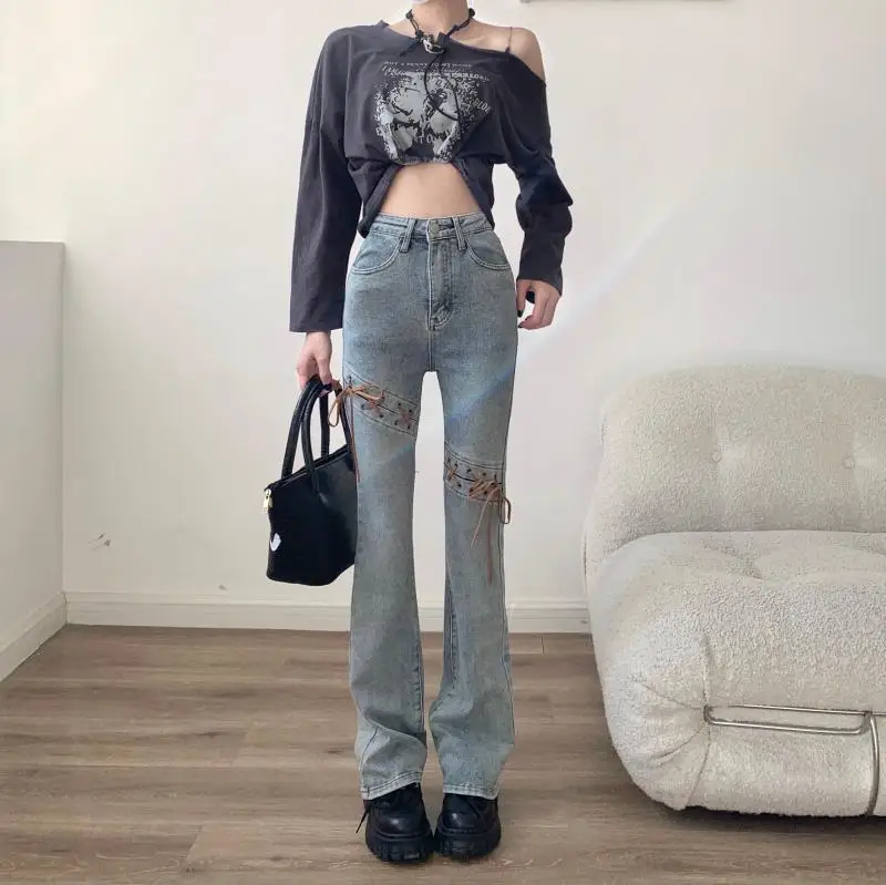 Y2K Fashion Split Casual Jeans Women Spring And Summer 2022 New Hot Girl Lace-up High-waist Slim-fit Flared Long Pants boyfriend jeans