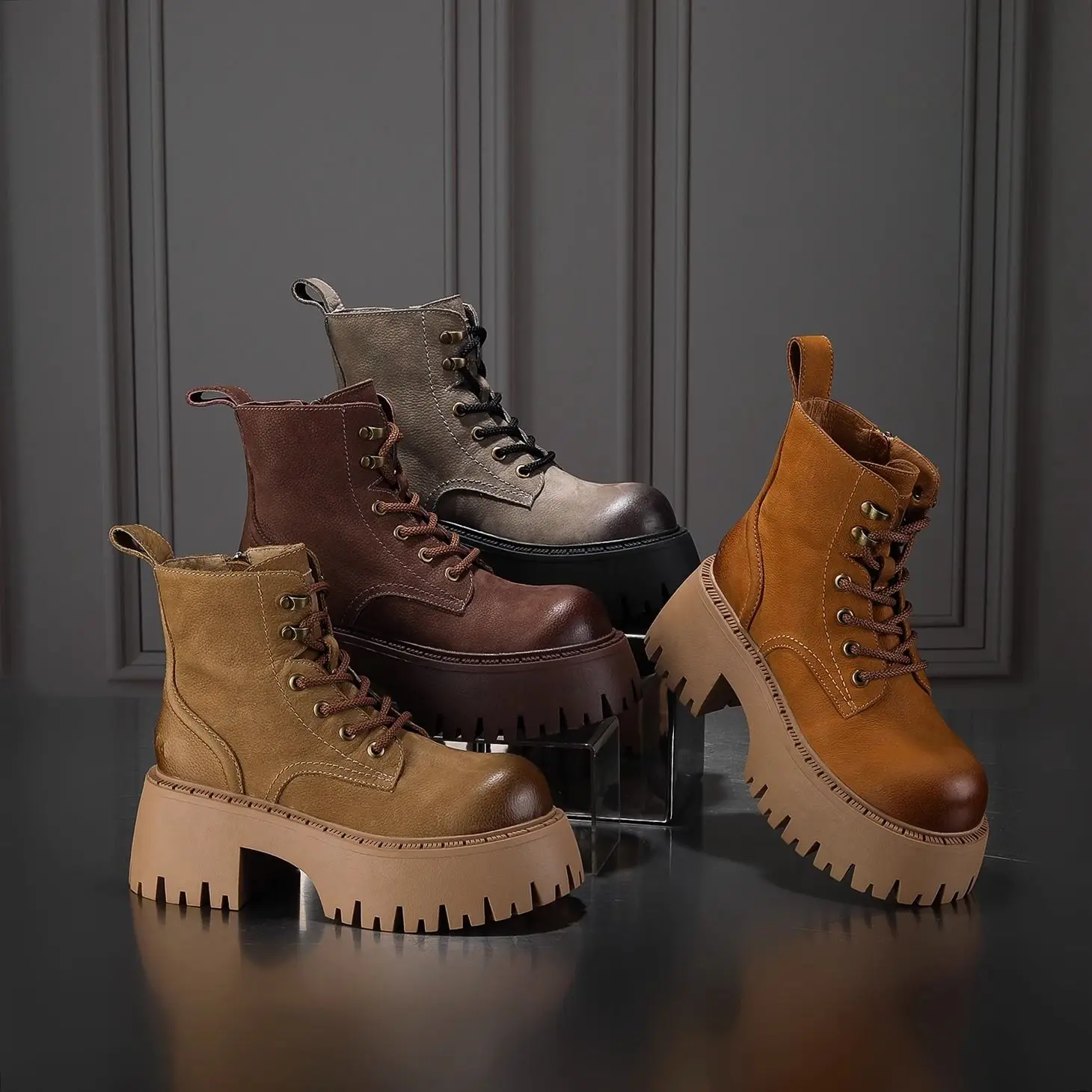 

Handsome Motorcycle Worker Women's Chunky Heel Platform 2023 Autumn Lace-up British Style Work Ankle Boots Short Tube